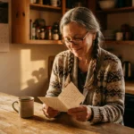 Woman in a sunlit kitchen reading a save-the-date card.