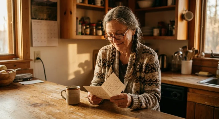 Woman in a sunlit kitchen reading a save-the-date card.
