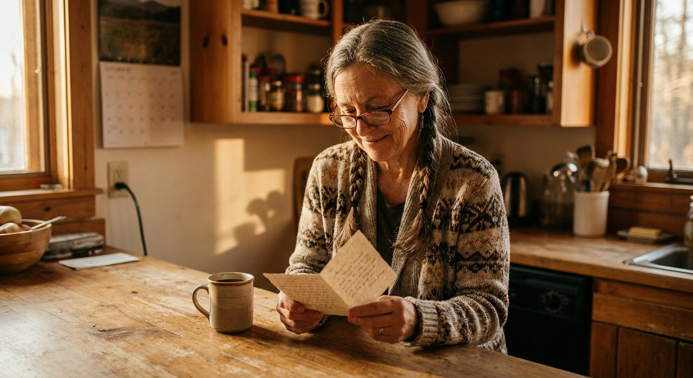 Woman in a sunlit kitchen reading a save-the-date card.