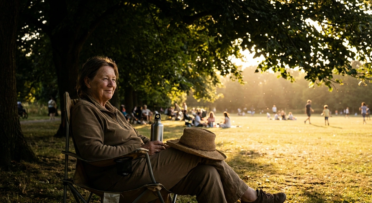 Woman resting in a shaded camp chair watching a sunlit family gathering.