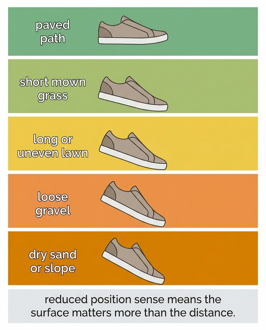 Graded strip ranking five walking surfaces from paved path to sand.