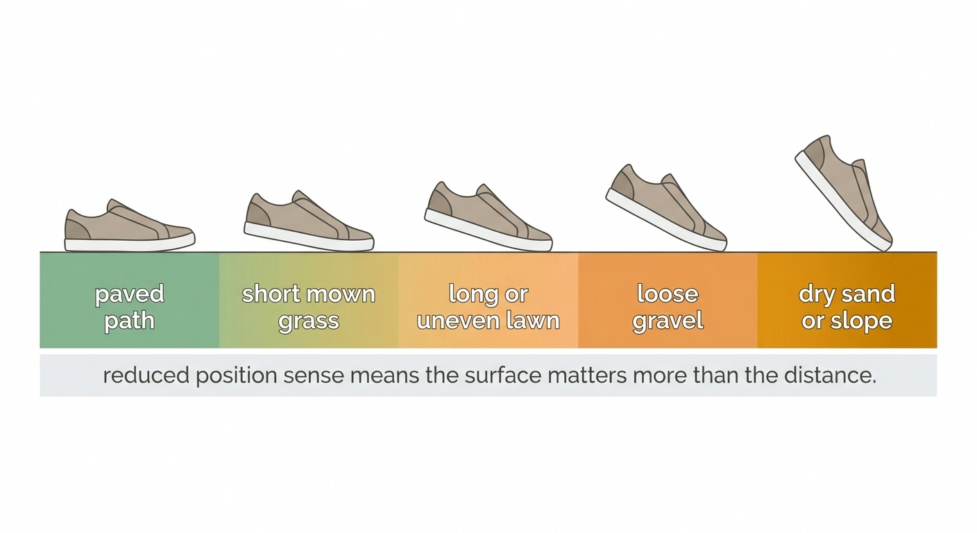 Graded strip ranking five walking surfaces from paved path to sand.