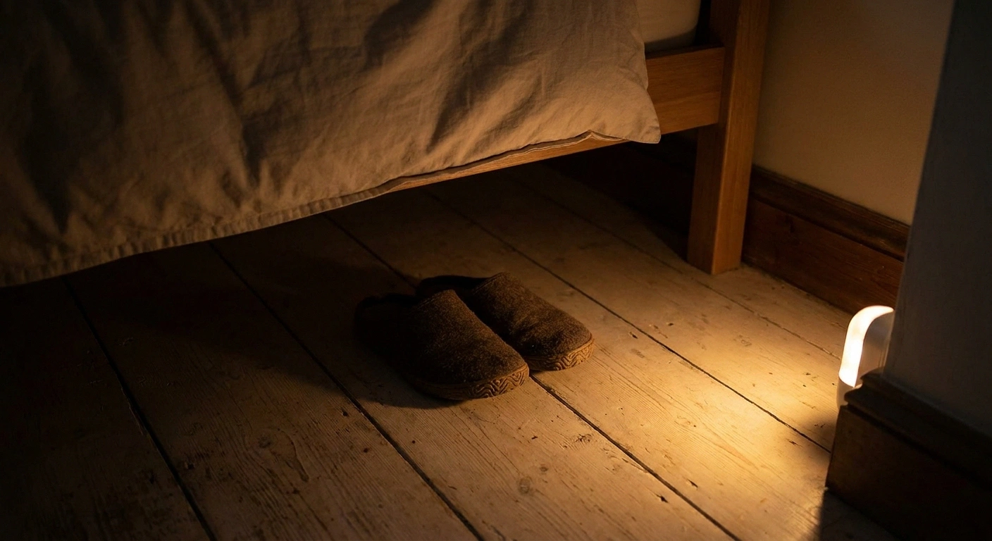Clear floor beside a bed with closed-back slippers and a low floor light