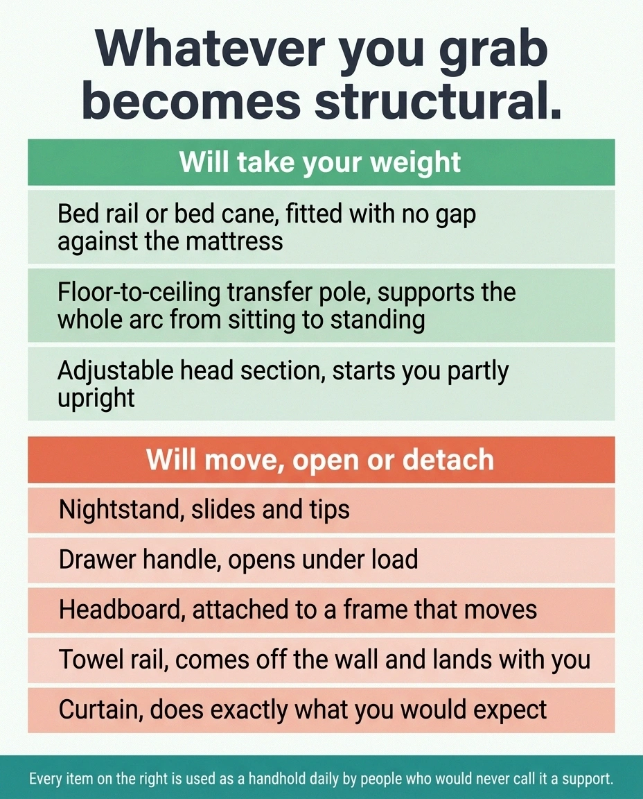 Two-column list of bedside handholds that hold weight and ones that fail