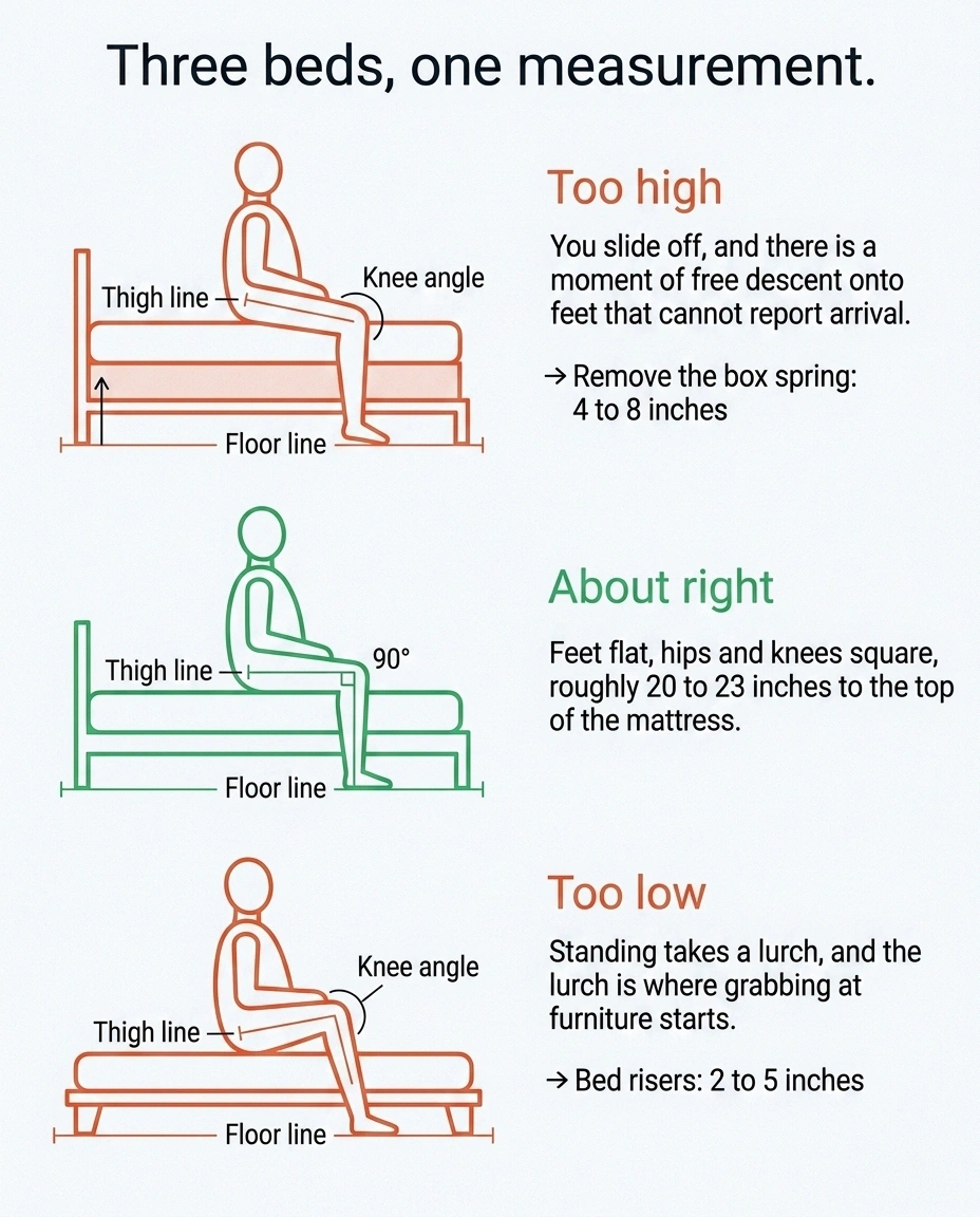 Three-panel diagram of bed heights too high, correct and too low when seated