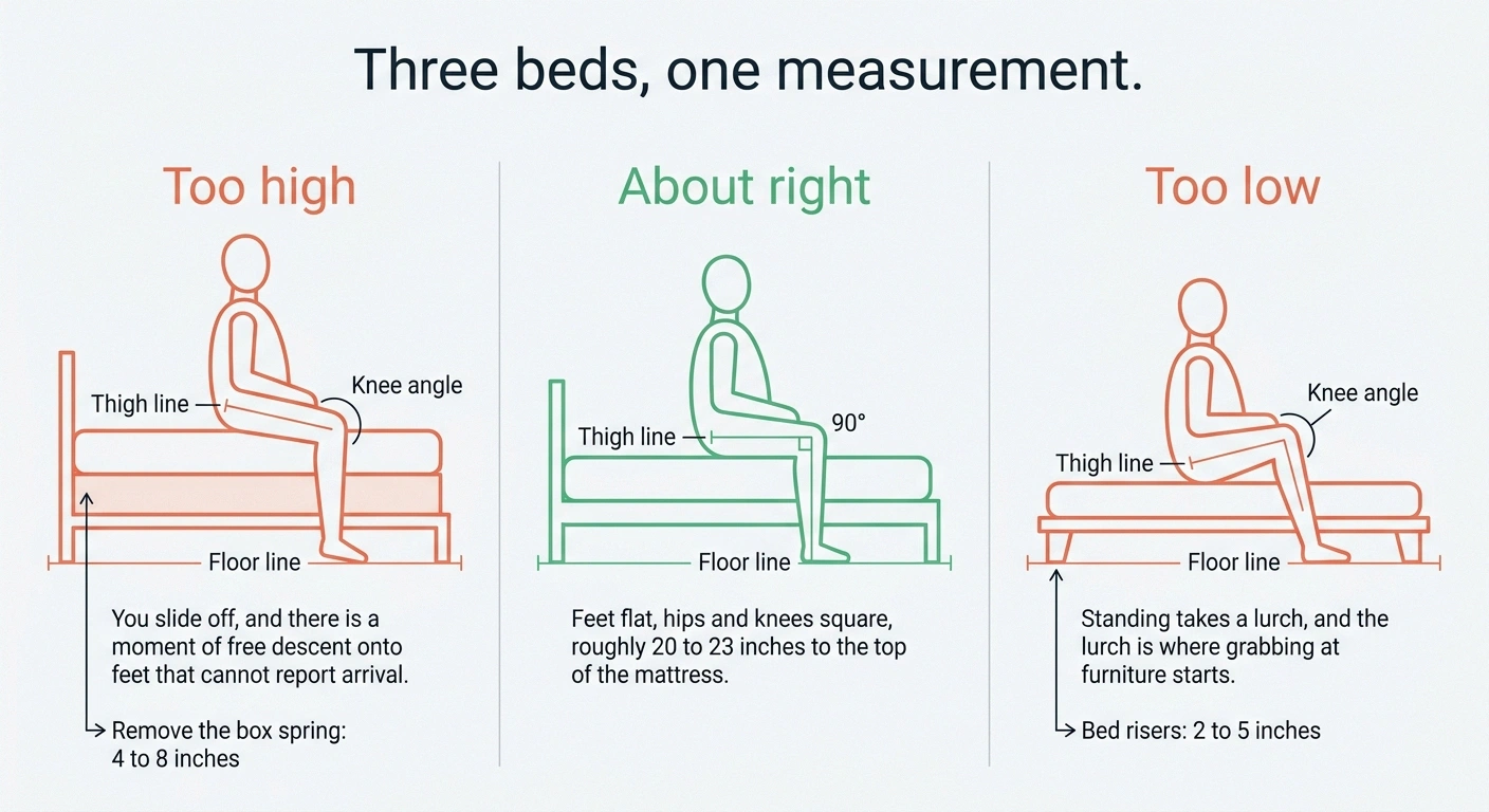 Three-panel diagram of bed heights too high, correct and too low when seated