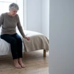 Woman sitting on the edge of a bed with feet flat and thighs level