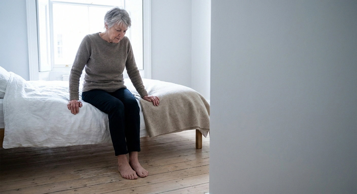 Woman sitting on the edge of a bed with feet flat and thighs level