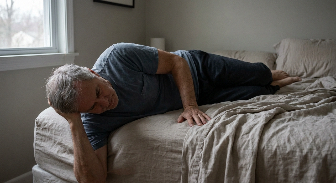 Man rolled onto his side with knees bent at the edge of the bed, pushing up
