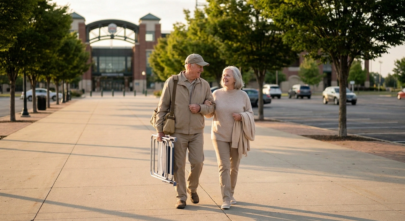 Couple walking unhurried along an empty path toward a stadium entrance.
