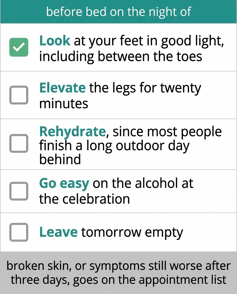 Five-row evening checklist card for the night after a long ceremony.