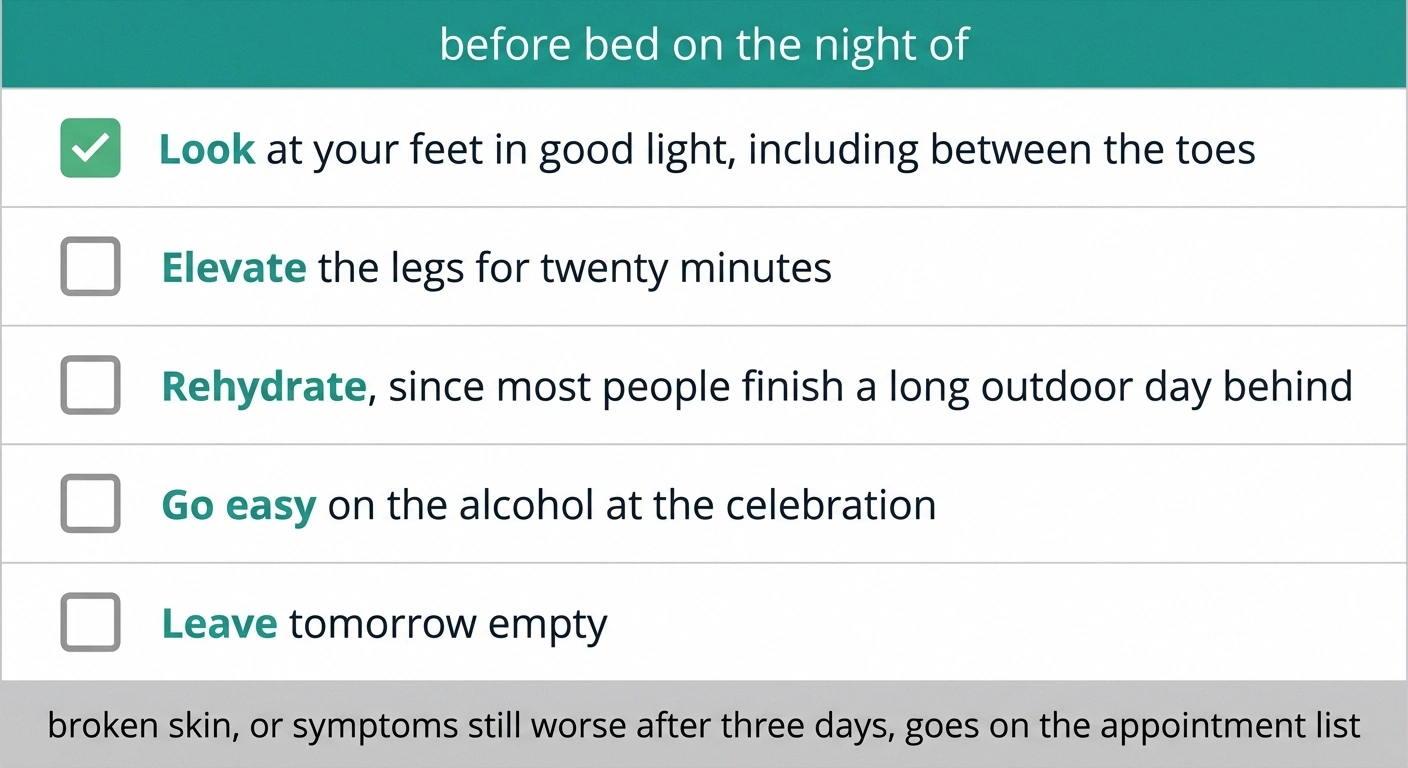 Five-row evening checklist card for the night after a long ceremony.