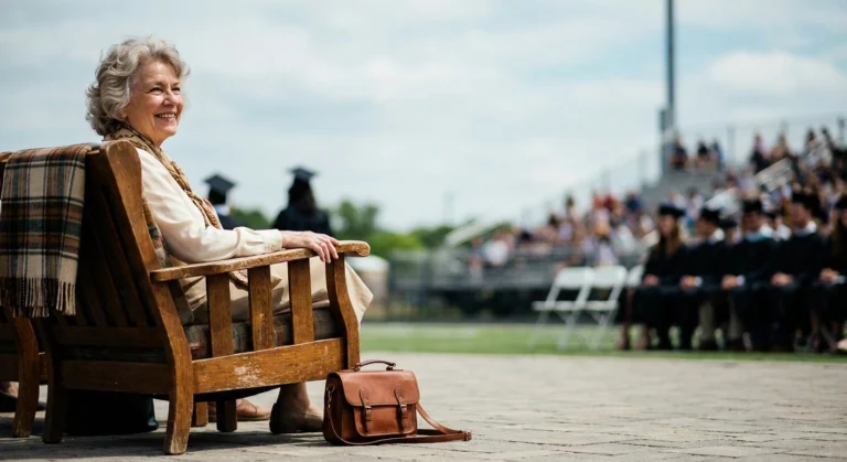 Woman seated in a chair with a back at an outdoor graduation.