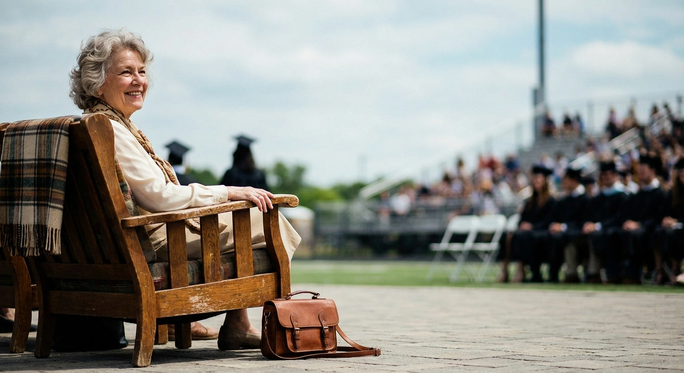 Woman seated in a chair with a back at an outdoor graduation.