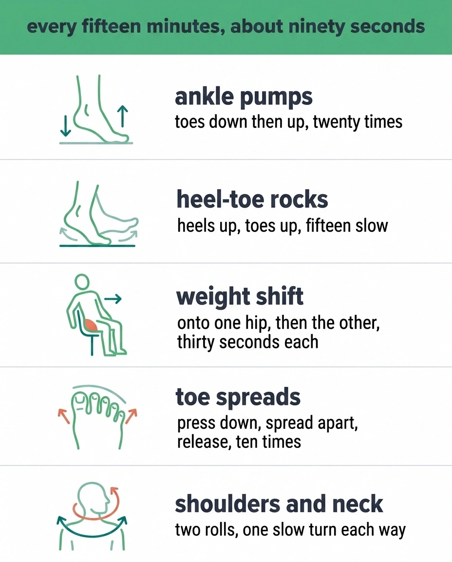 Five-panel card showing ankle pumps, rocks, weight shifts, toe spreads and shoulder rolls.
