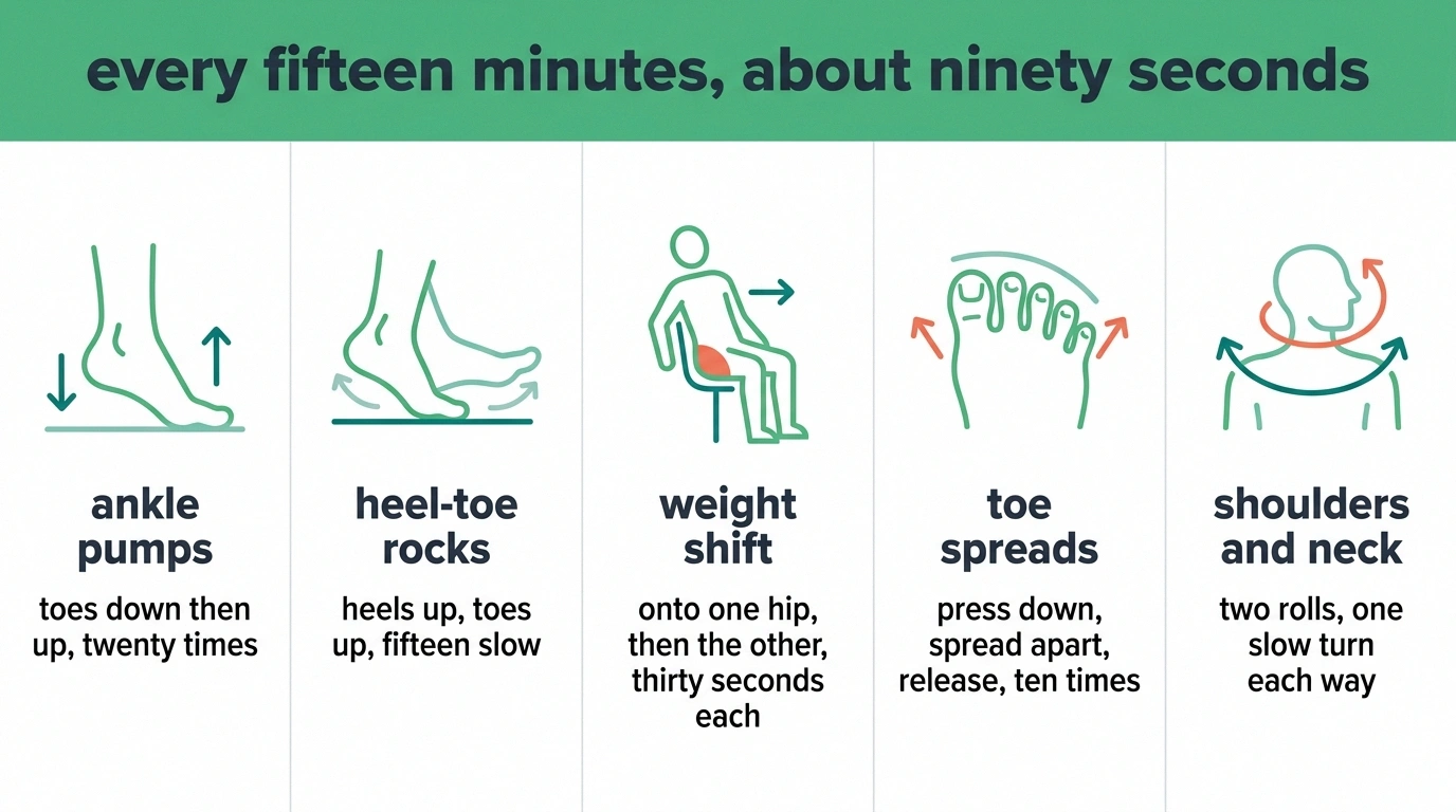Five-panel card showing ankle pumps, rocks, weight shifts, toe spreads and shoulder rolls.