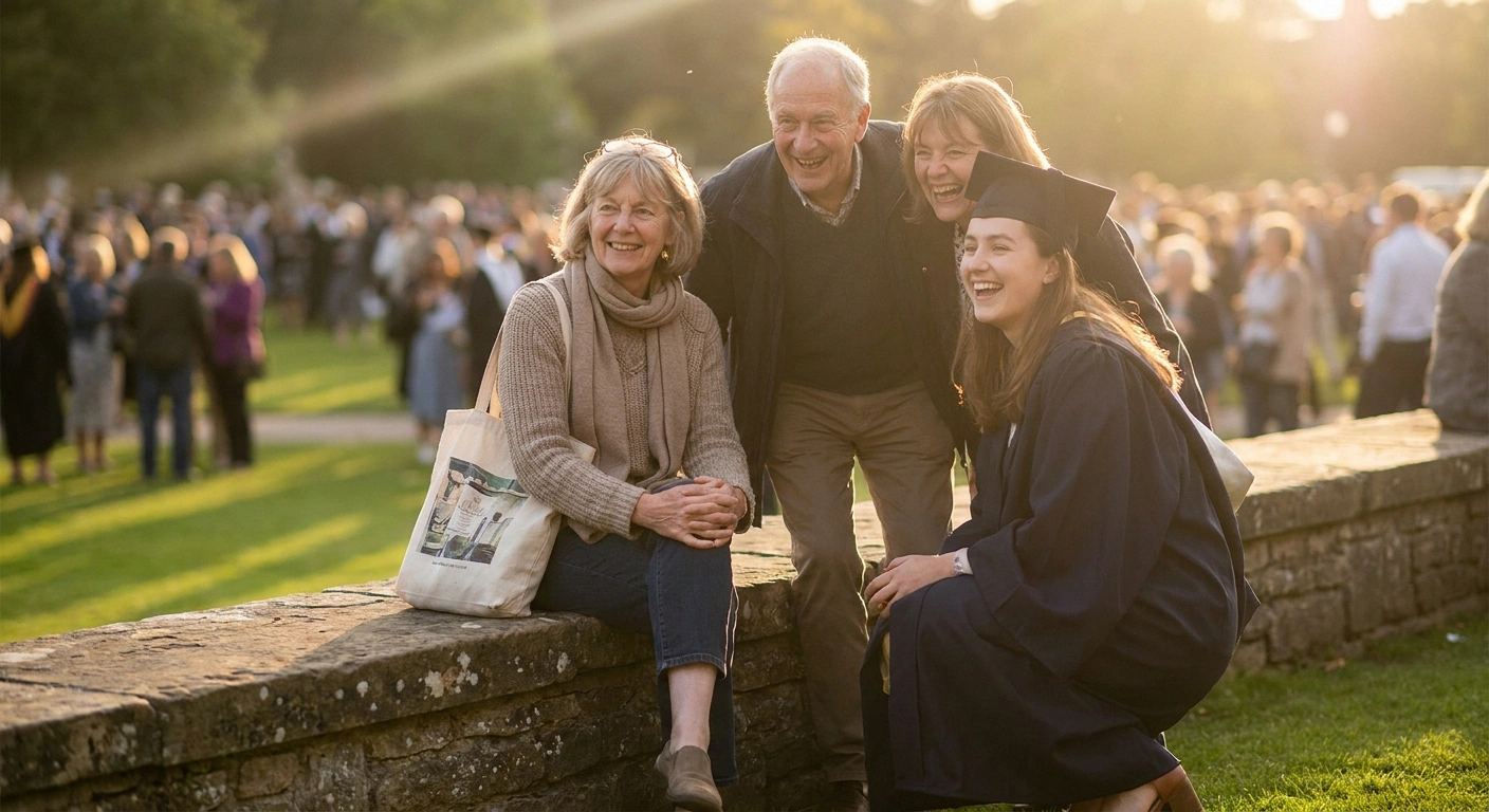 Family laughing around a woman seated on a low stone wall.