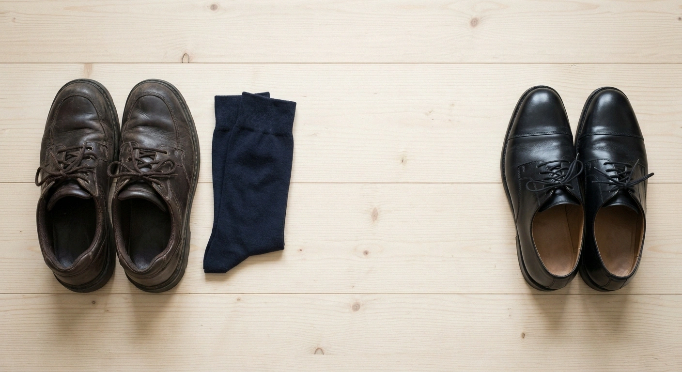 Overhead view of cushioned walking shoes beside stiff formal dress shoes.