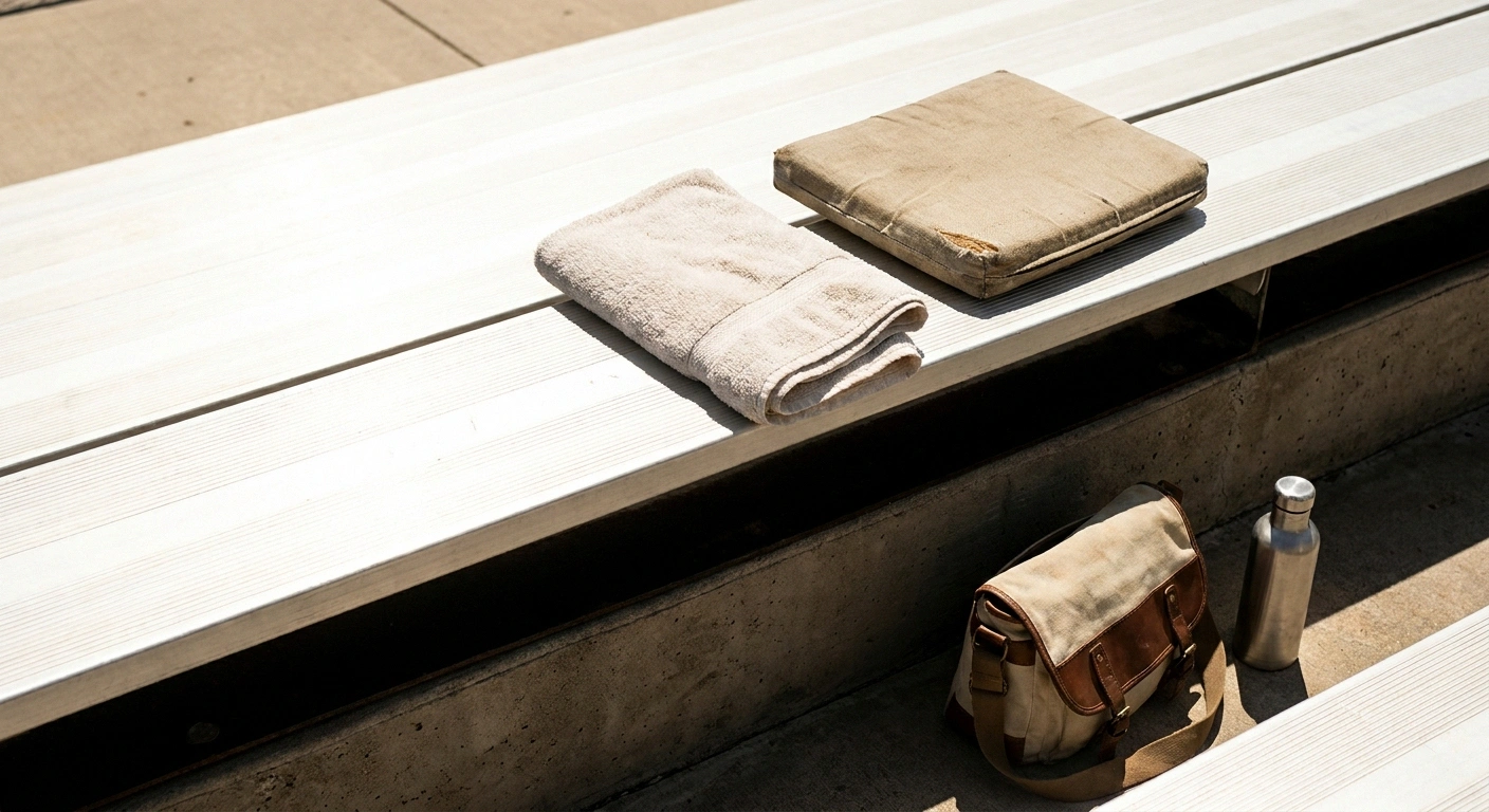 Folded towel and firm cushion laid on a sunlit aluminum bleacher bench.