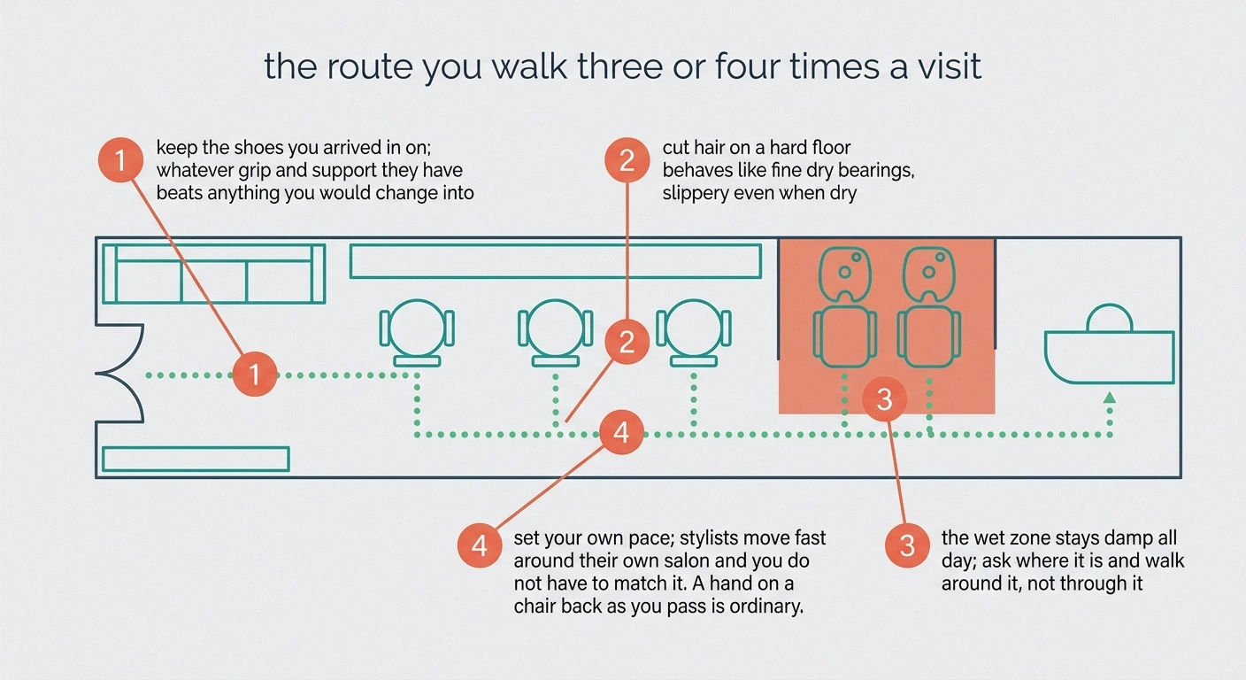 Overhead salon floor plan marking the wet zone, cut-hair slip risk and the walking route between stations.