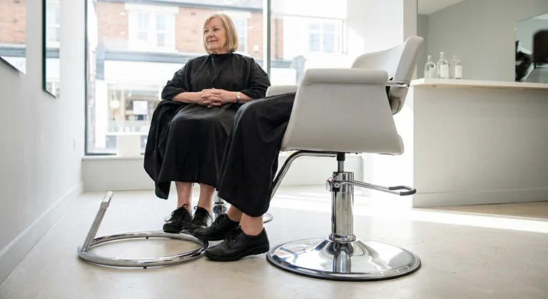 Woman seated in a salon chair with her feet flat on the floor beside the unused chrome footring.