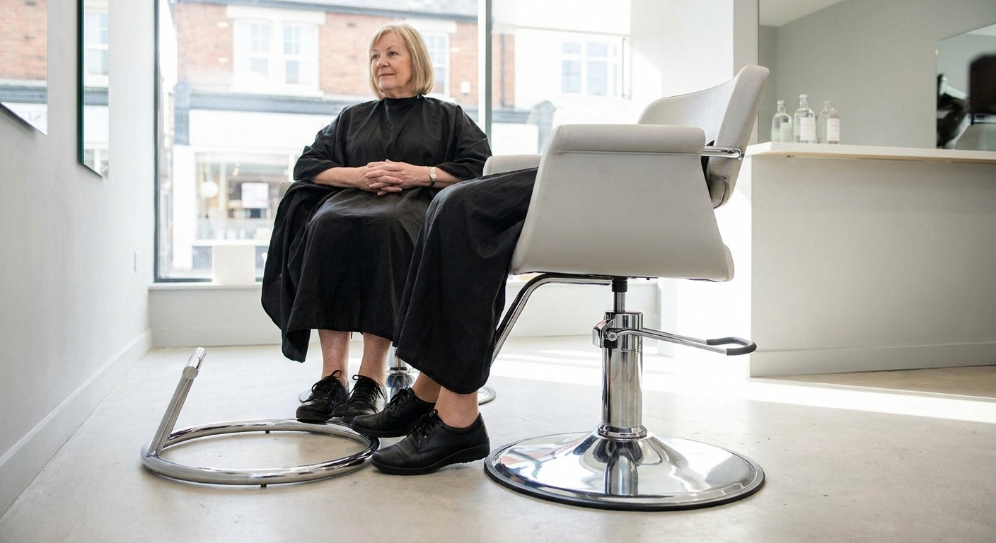 Woman seated in a salon chair with her feet flat on the floor beside the unused chrome footring.