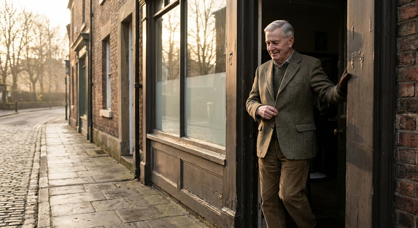 Man stepping out of a barbershop onto a quiet street in early morning light after a haircut.