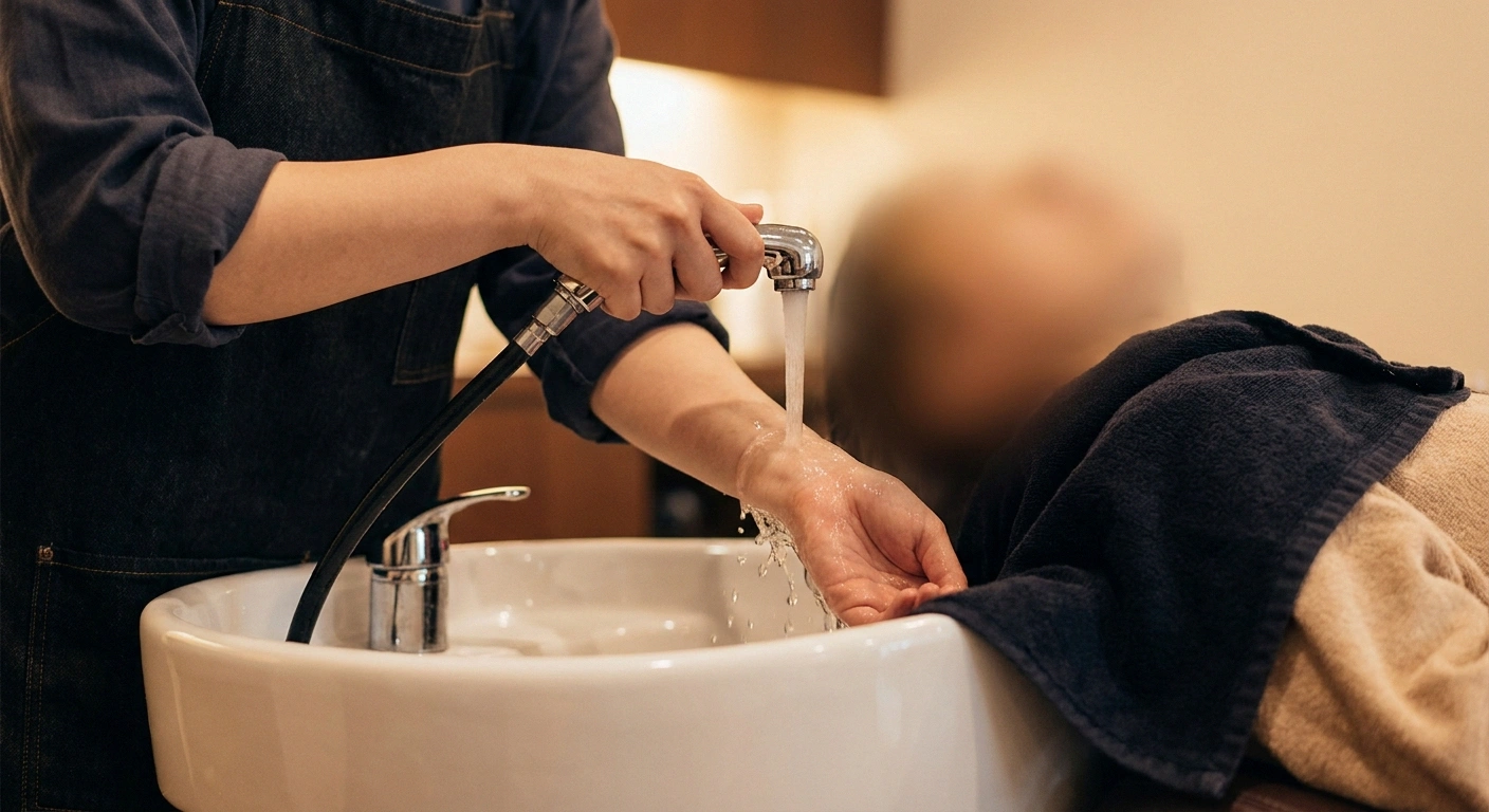 Stylist testing running water temperature against the inside of her own wrist at a salon basin.
