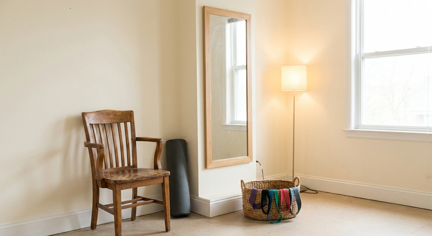A permanently set up home exercise corner with chair, mat, mirror and resistance bands