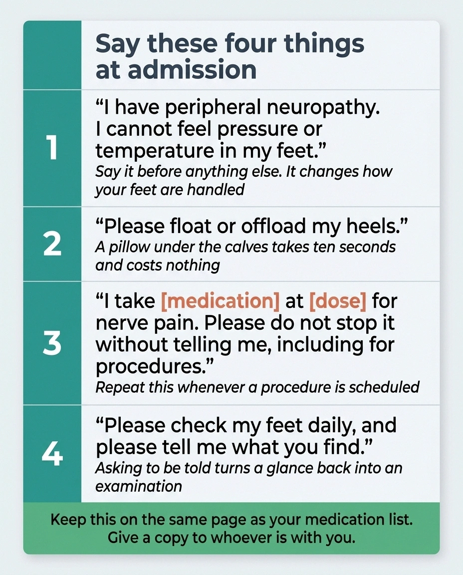 Card listing four sentences to say at hospital admission when you have neuropathy