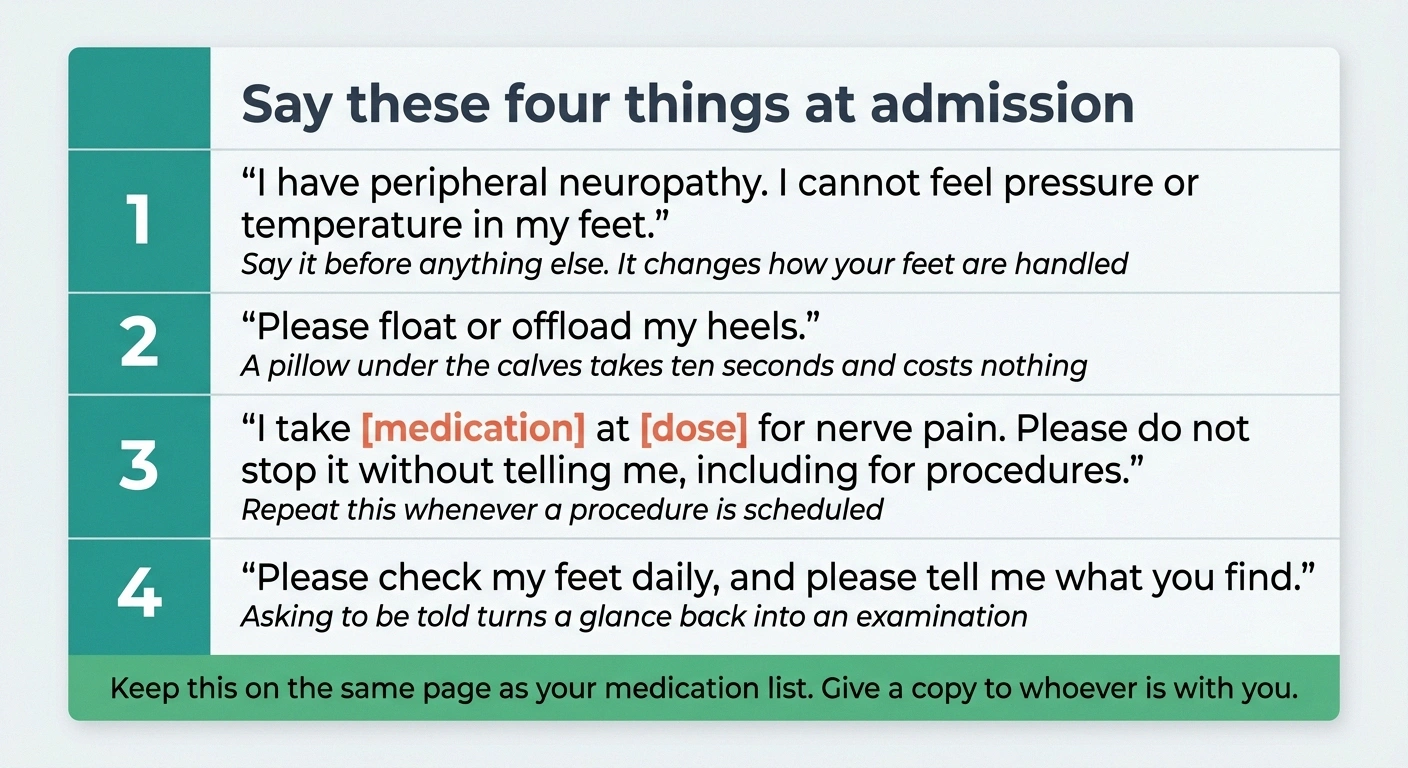 Card listing four sentences to say at hospital admission when you have neuropathy