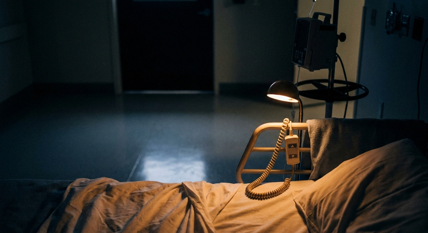 Darkened hospital room at night with a call button clipped within reach on the bedrail