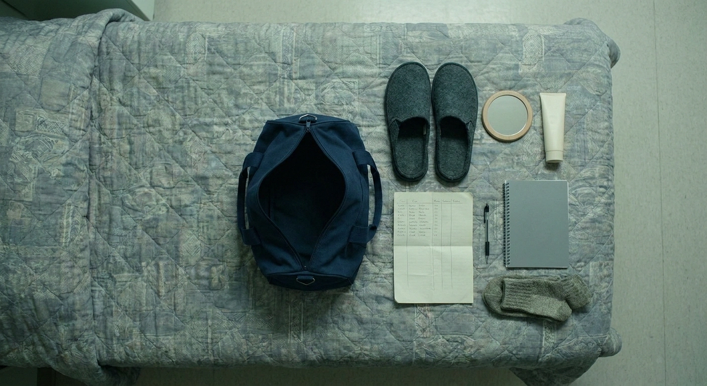 Overhead flat-lay of a hospital bag with slippers, hand mirror, lotion, notebook and socks