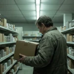 A person seen from behind in a pharmacy aisle at night, reading a plain unmarked cold medicine box