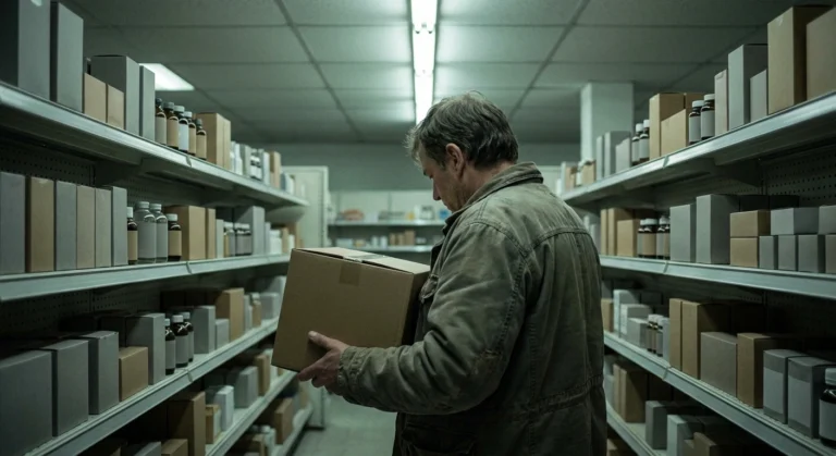 A person seen from behind in a pharmacy aisle at night, reading a plain unmarked cold medicine box