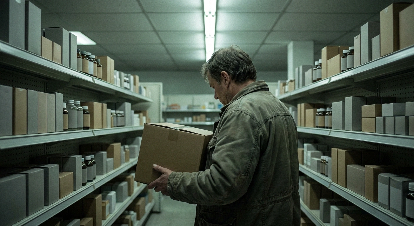 A person seen from behind in a pharmacy aisle at night, reading a plain unmarked cold medicine box