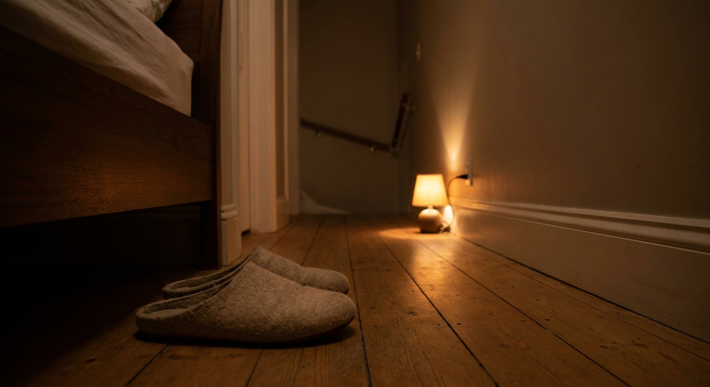 Slippers set beside a bed in a dim hallway with a nightlight glowing further down