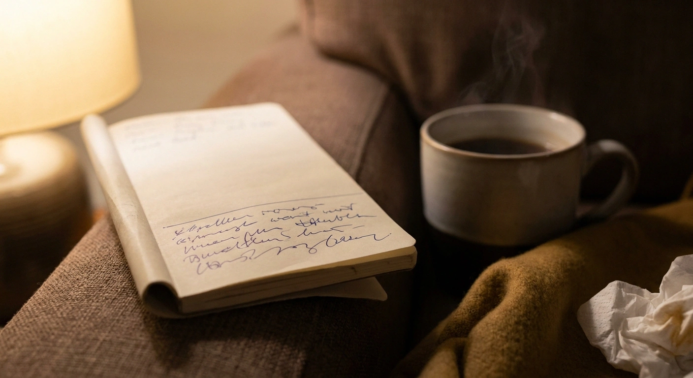 A few lines added to an open symptom notebook beside a steaming mug under a warm lamp