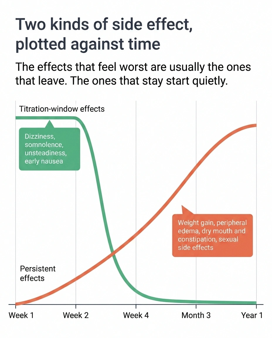 Line chart comparing side effects that fade after four weeks with side effects that persist over a year