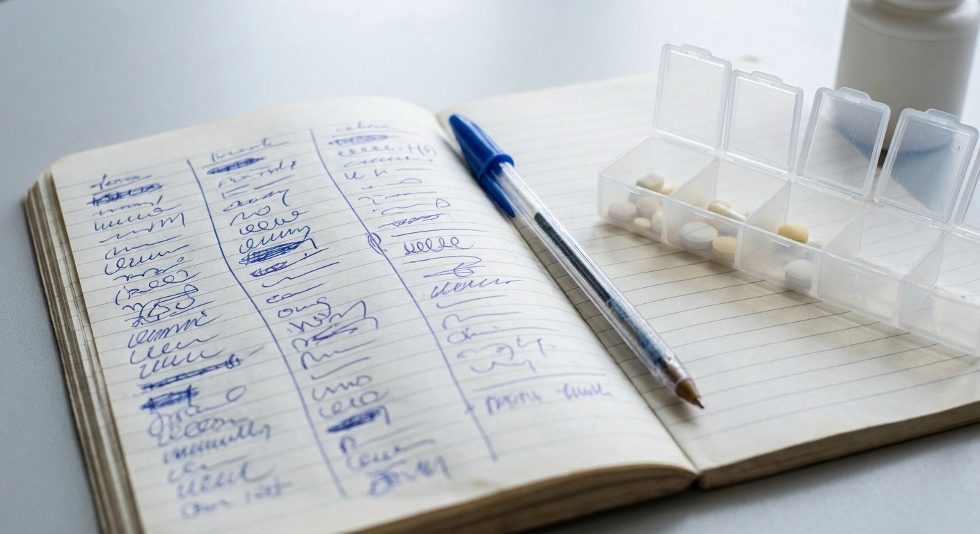 An open notebook with handwritten dose entries beside a weekly pill organizer on a grey desk