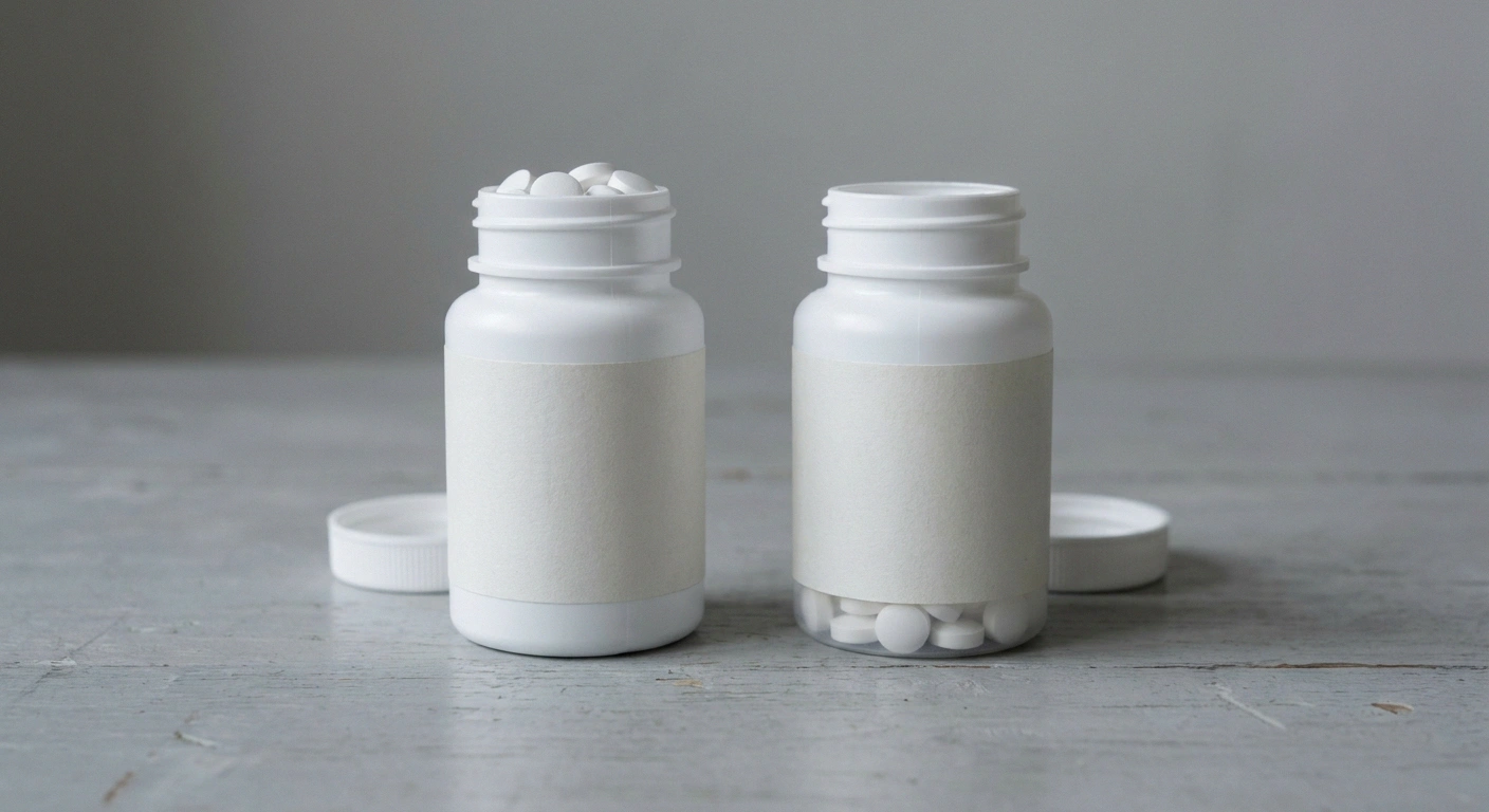 Two identical unlabelled pill bottles side by side, one nearly full and one nearly empty