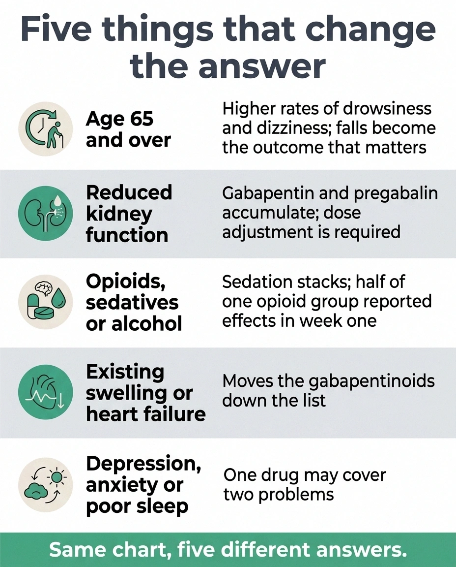Five factors that change which neuropathy medication fits, each with its practical consequence