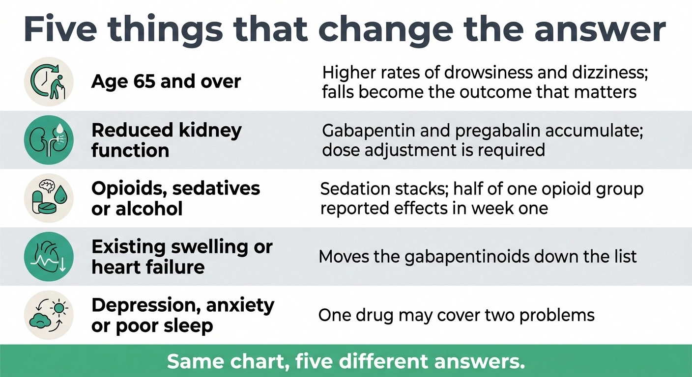 Five factors that change which neuropathy medication fits, each with its practical consequence