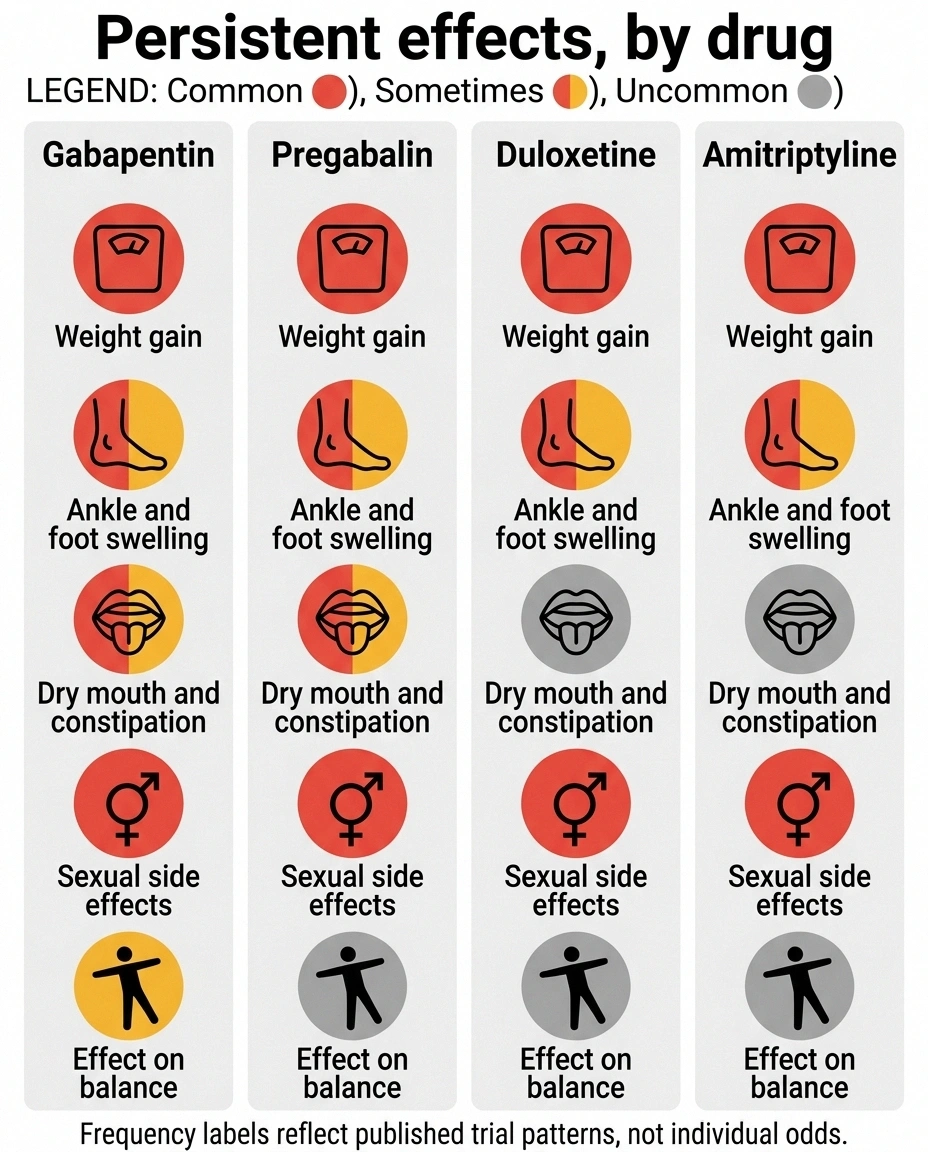 Table comparing persistent side effects across gabapentin, pregabalin, duloxetine and amitriptyline