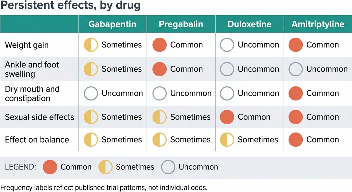 Table comparing persistent side effects across gabapentin, pregabalin, duloxetine and amitriptyline