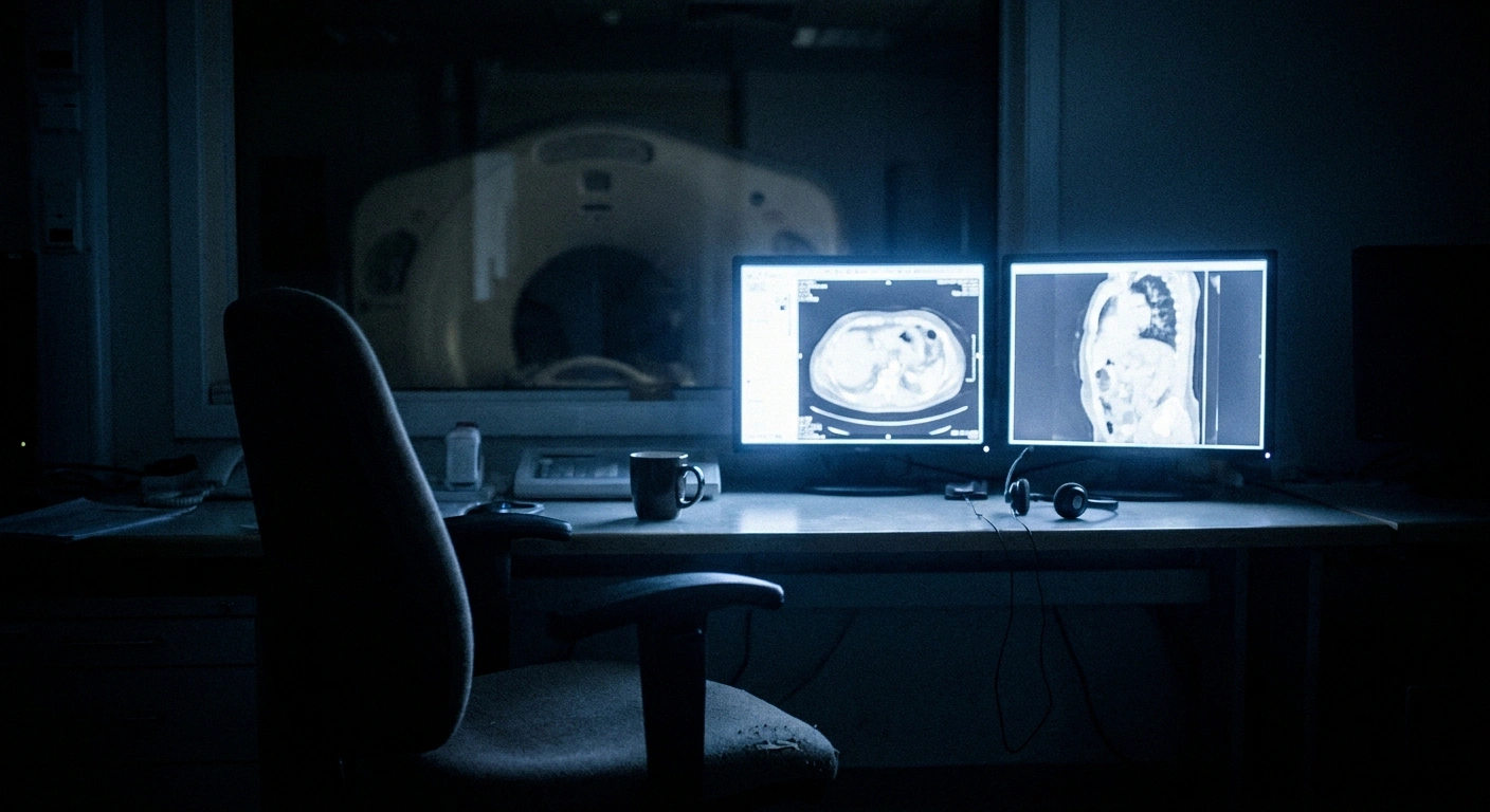 A darkened radiology control room lit by monitor glow with the scanner room beyond