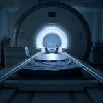 An empty MRI scanner table lit only by the glow from inside the bore
