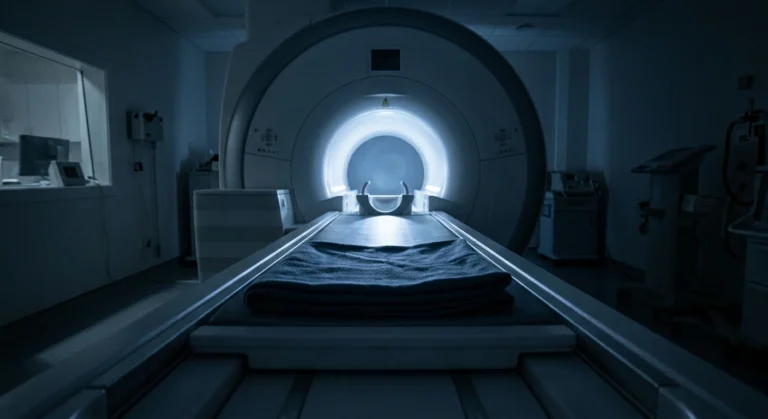 An empty MRI scanner table lit only by the glow from inside the bore