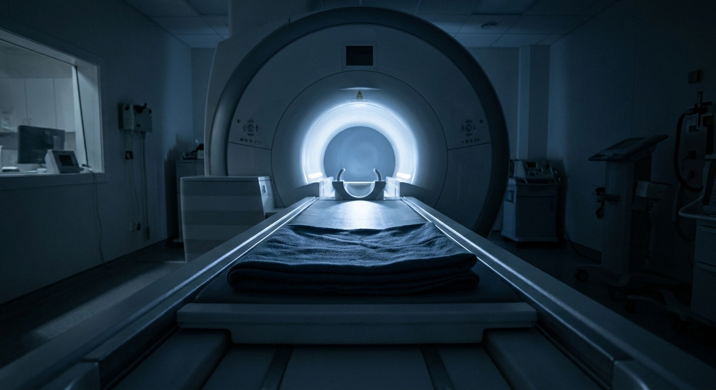 An empty MRI scanner table lit only by the glow from inside the bore