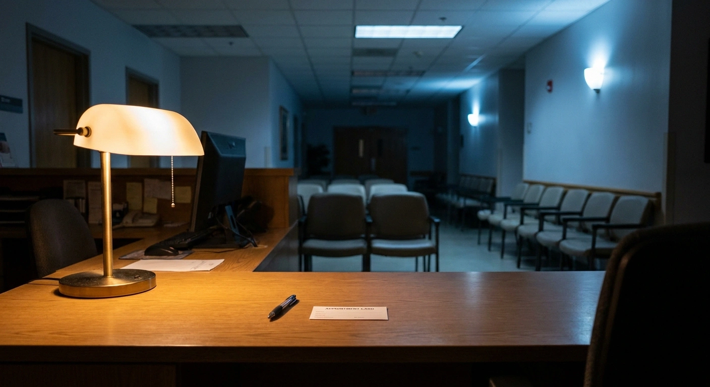A dimly lit imaging center reception desk with an appointment card in the evening